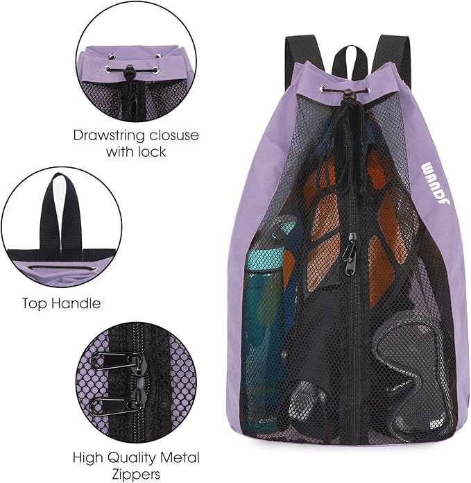 WANDF Swim Bag Mesh Drawstring Backpack Beach Backpack - Image 6