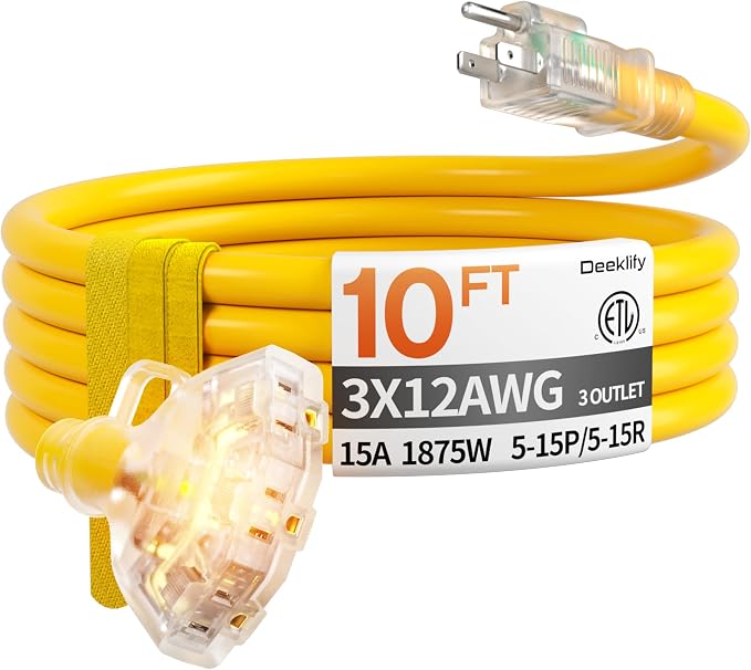 10 ft 12 Gauge Heavy Duty 3 Outlet Extension Cord Splitter by Deeklify