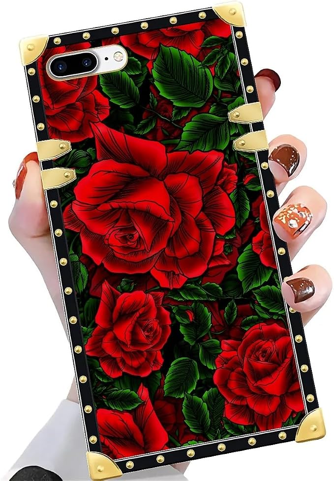 Compatible with iPhone 8 7 SE Case, Vector Red Rose Green Leaf Luxury Golden - Image 3