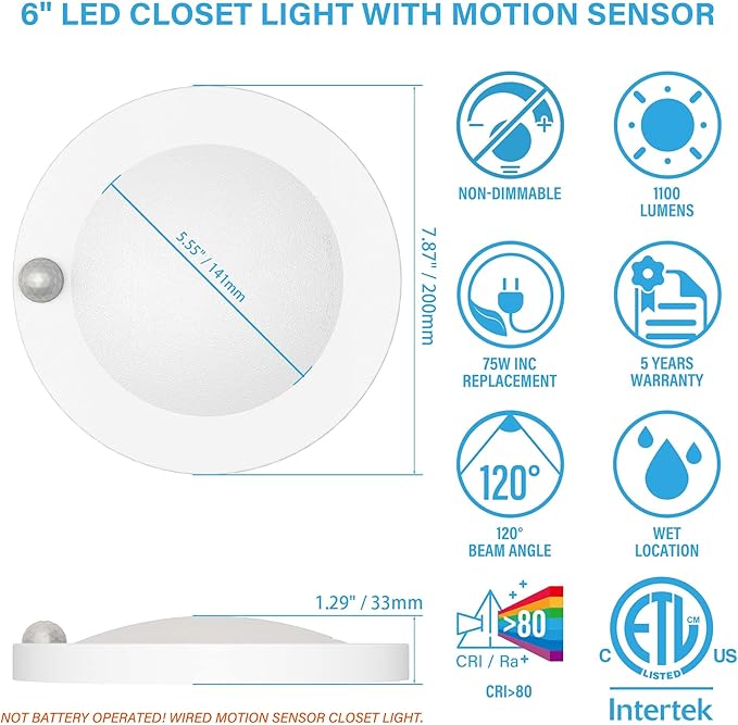 ZAGO LED 6" 120 Volts Closet Light Wired, PIR Motion Sensor Ceiling Disc Light - Image 3