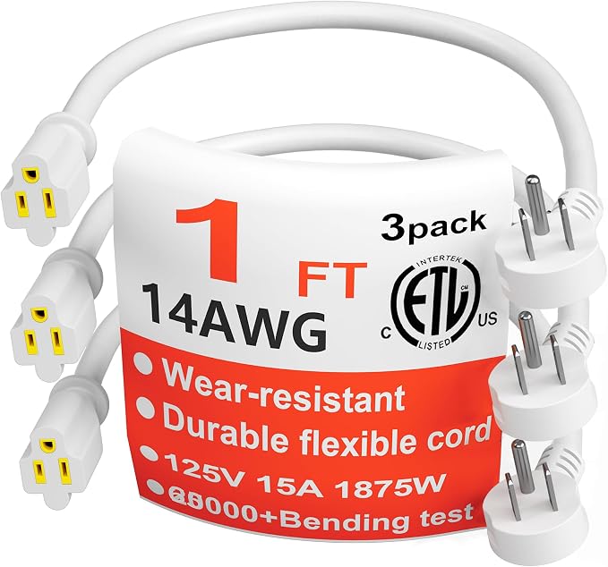 HUANCHAIN 14 Gauge 1 Feet Flat Plug Extension Cord White Indoor Outdoor by huanchain