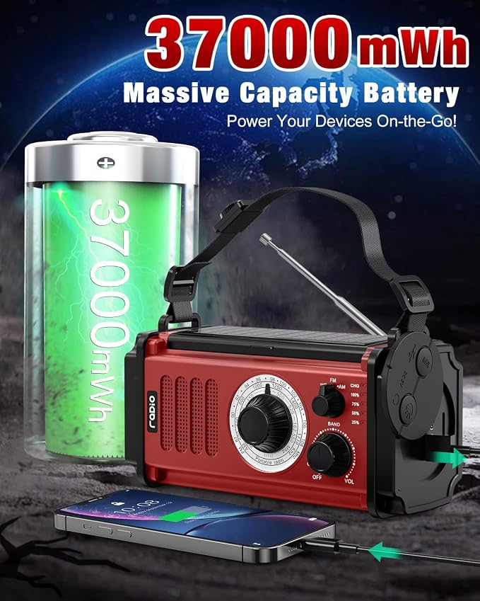 10000wAh/37000mWh Emergency Hand Crank Radio, Solar AM FM NOAA Weather Radio - Image 2