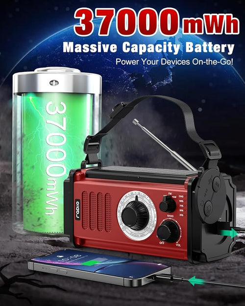 10000wAh/37000mWh Emergency Hand Crank Radio, Solar AM FM NOAA Weather Radio - Image 2