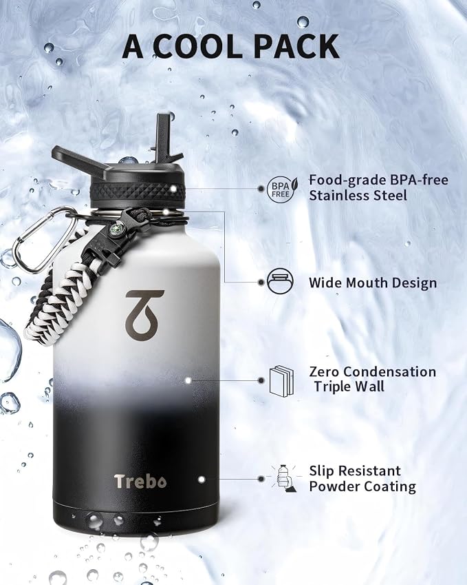 Trebo Water Bottle 64oz with Paracord Handle, Half Gallon Large Vacuum Triple - Image 6