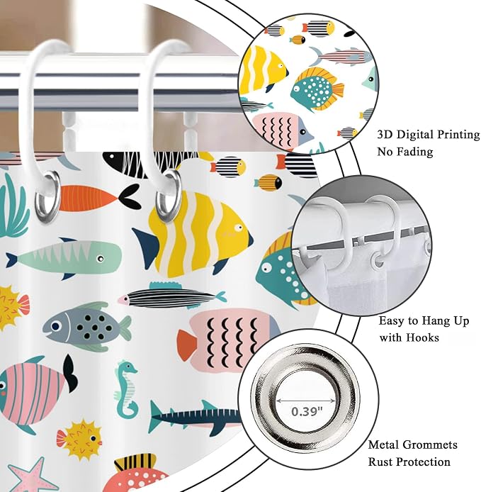 Kid Shower Curtain, Colorful Cartoon Tropical Fish Ocean Beach Theme Bath - Image 6