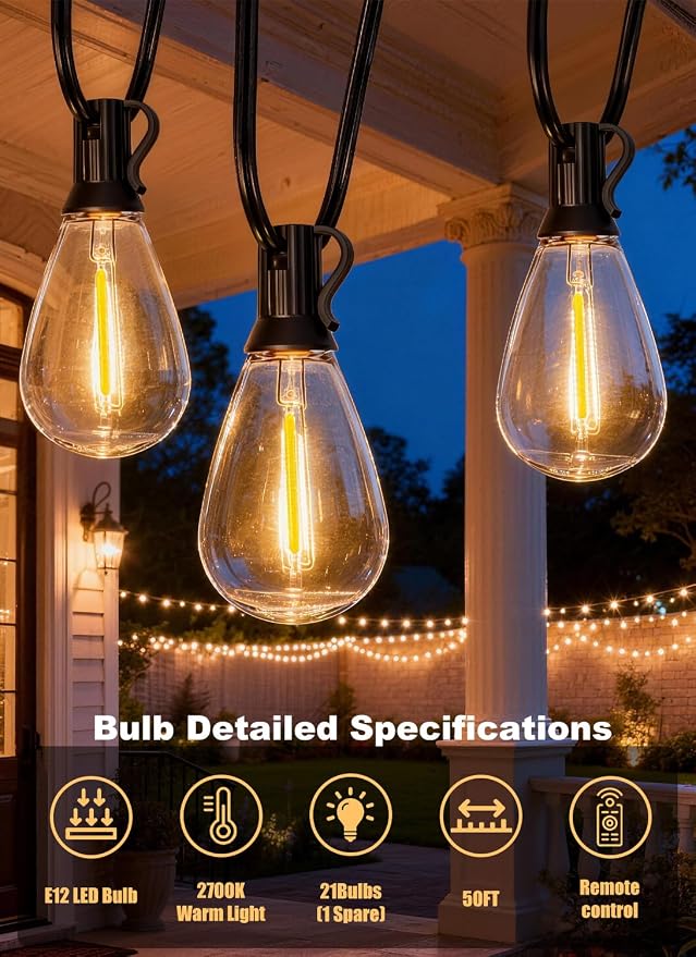 50FT Outdoor String Lights Waterproof, 20+1 Shatterproof S11 LED Bulbs - Image 5