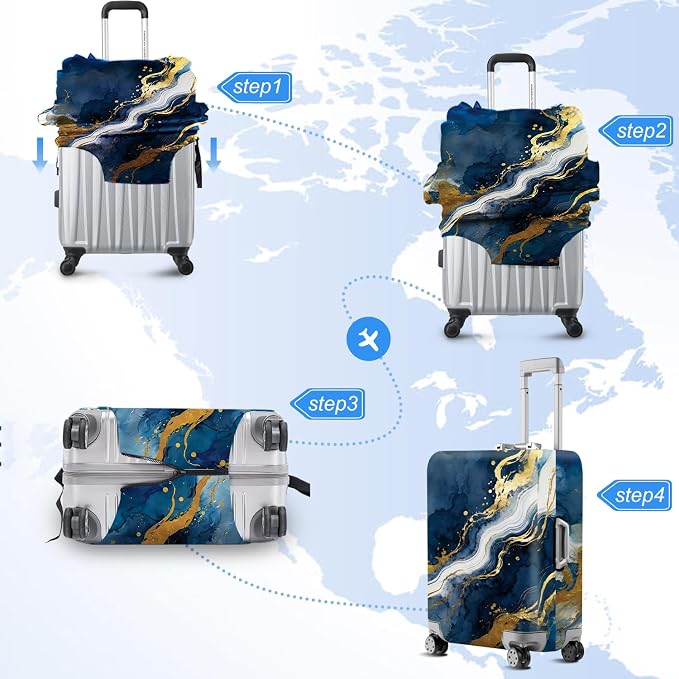 ANNA QUEEN Blue Abstract Marble Travel Luggage Cover -Stretchable Airplane - Image 6