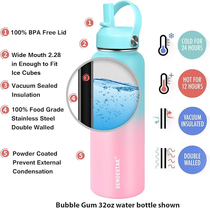 SENDESTAR Water Bottle 32oz Double Wall Vacuum Insulated Leak Proof Stainless - Image 5