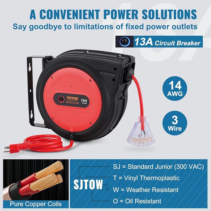 VEVOR 75FT Retractable Extension Cord Reel, 14AWG/3C SJTOW Heavy Duty Power - Image 4