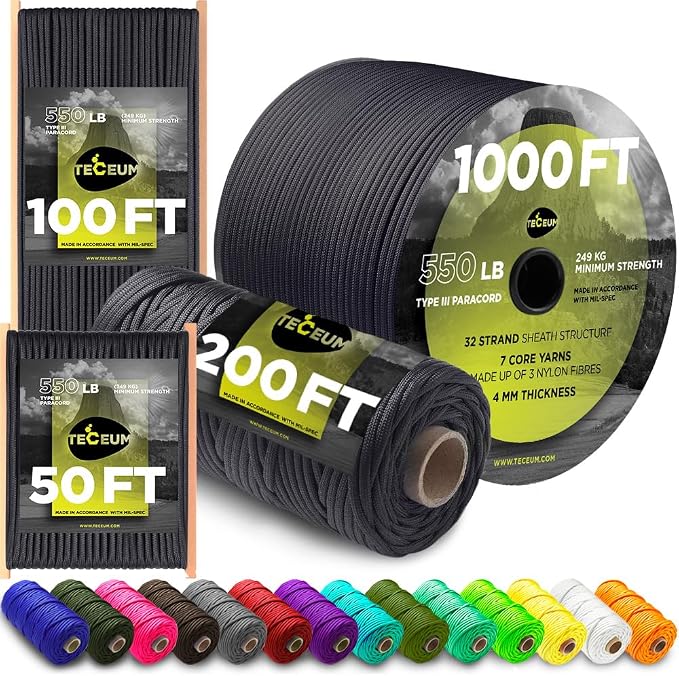 TECEUM 5/32" Paracord Rope 1000 – 1000ft / 200ft / 100ft / 50ft – Tactical by TECEUM