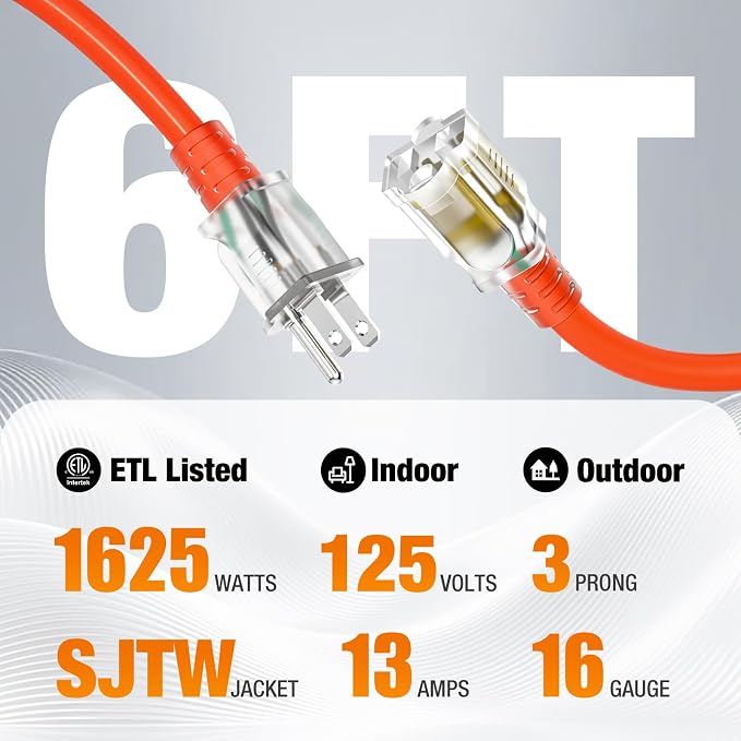 6 FT Outdoor Extension Cord Waterproof, 16/3 Gauge Heavy Duty 3 Prong Power Cord - Image 2