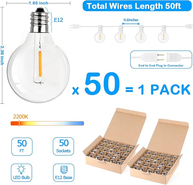 50FT LED G40 Globe String Lights White, Shatterproof Outdoor Patio String - Image 6