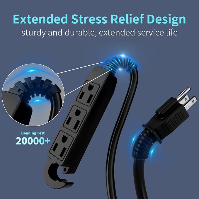 16/3 20 Ft 3 Outlet Extension Cord Outdoor Waterproof, 3 Prong Electrical Cord - Image 3
