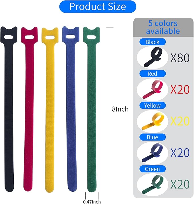 160PCS 8inches Cable Ties Reusable Multi-Colour Cord Straps Multi-Purpose Wire - Image 2