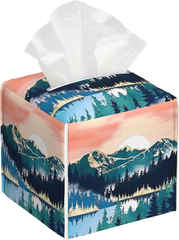 Tissue Box Cover Square, Abstract Mountains and Trees Tissue Box Holder by Unknown
