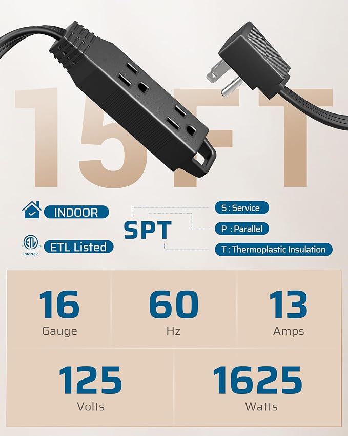 DEWENWILS 15FT Flat Plug Extension Cord, 3 Prong Ultra Thin Power Strip - Image 2