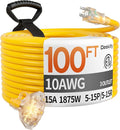 100 ft 10 Gauge Heavy Duty 3 Outlet Extension Cord Splitter by Deeklify