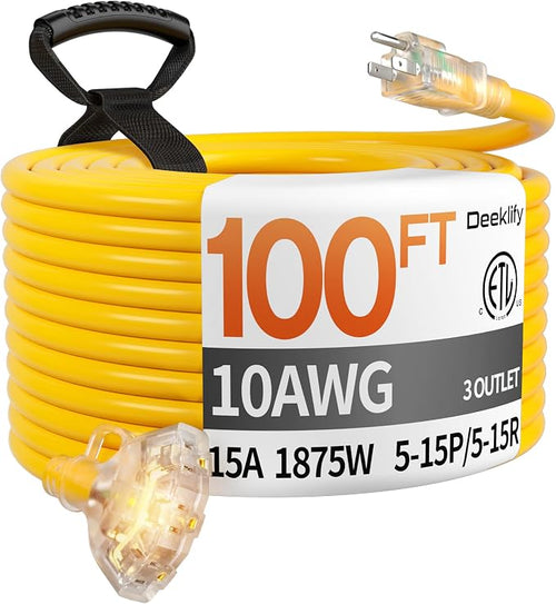 100 ft 10 Gauge Heavy Duty 3 Outlet Extension Cord Splitter by Deeklify