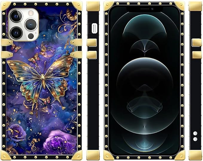 Compatible with iPhone 12 Case, Glistening Golden Butterfly Vibrant Purple Blue - Image 2
