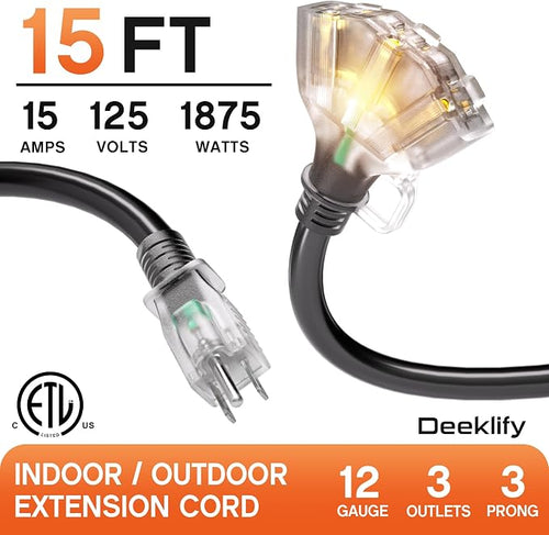 15 ft 12 Gauge Heavy Duty 3 Outlet Extension Cord Splitter - Image 2