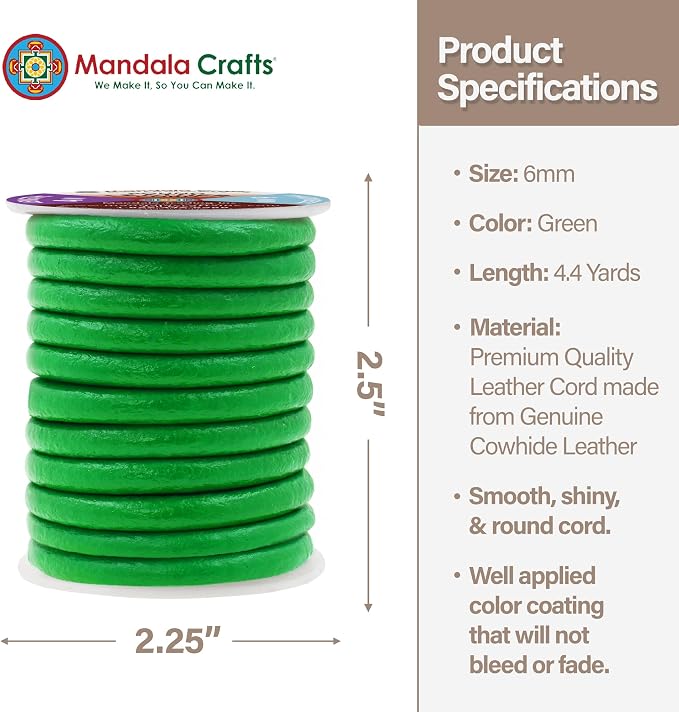 Mandala Crafts Round Genuine Green Leather Cord - Image 4
