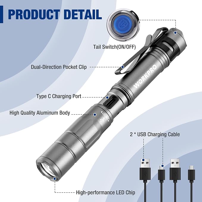 WORKPRO Rechargeable Pen Light, Mini Flashlight, 2 Pack Ultra-Compact EDC - Image 7