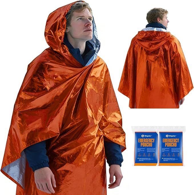 K Kingstar 2 Pack Emergency Mylar Poncho, Waterproof Rain Ponchos, Reusable by Kingstar