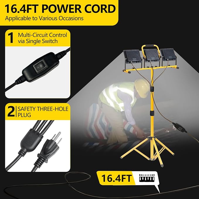 32000LM LED Work Light with Tripod, 3x100W 3-Head Floodlight, Plug-in 120V - Image 6