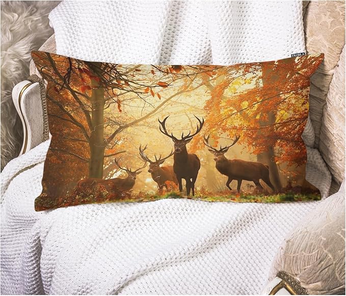 EKOBLA Decorative Lumber Cushion Case Deers Herd of Deer Stand Among The Fall by EKOBLA