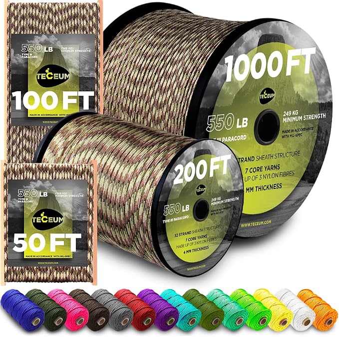 TECEUM 5/32" Paracord Rope 1000 – 1000ft / 200ft / 100ft / 50ft – Tactical by TECEUM