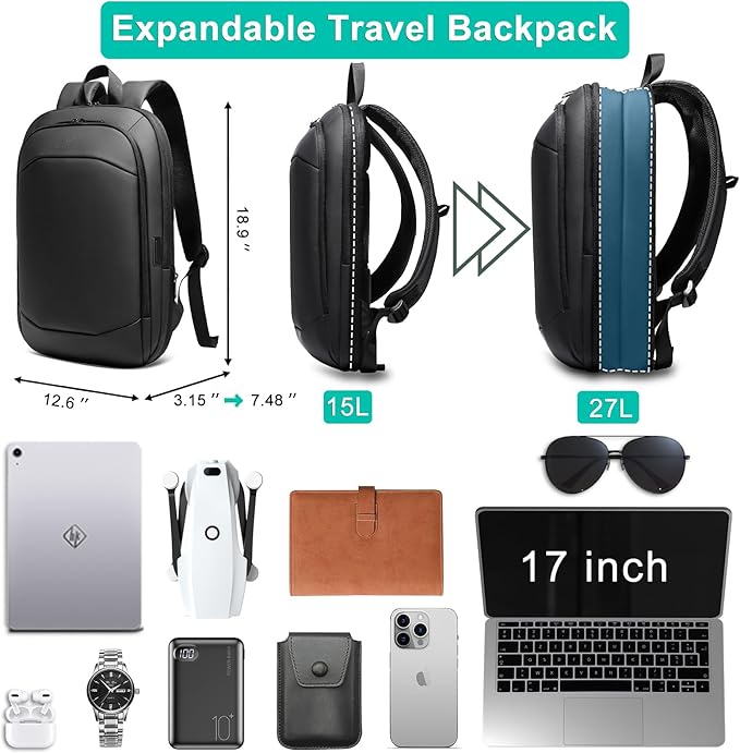 Business Backpack for Men 17 Inch, Slim & Expandable Waterproof Travel Laptop - Image 3