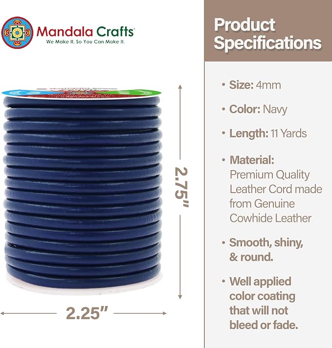 Mandala Crafts Round Genuine Navy Blue Leather Cord - Image 4