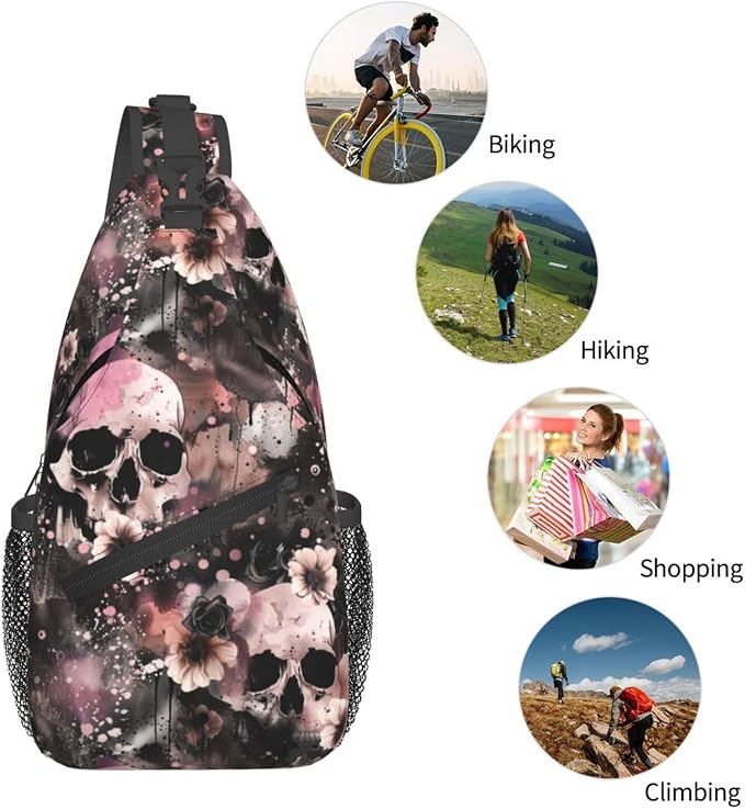 Flowers And Skulls Sling Bag For Women Men Halloween Backpack Crossbody Skull - Image 6