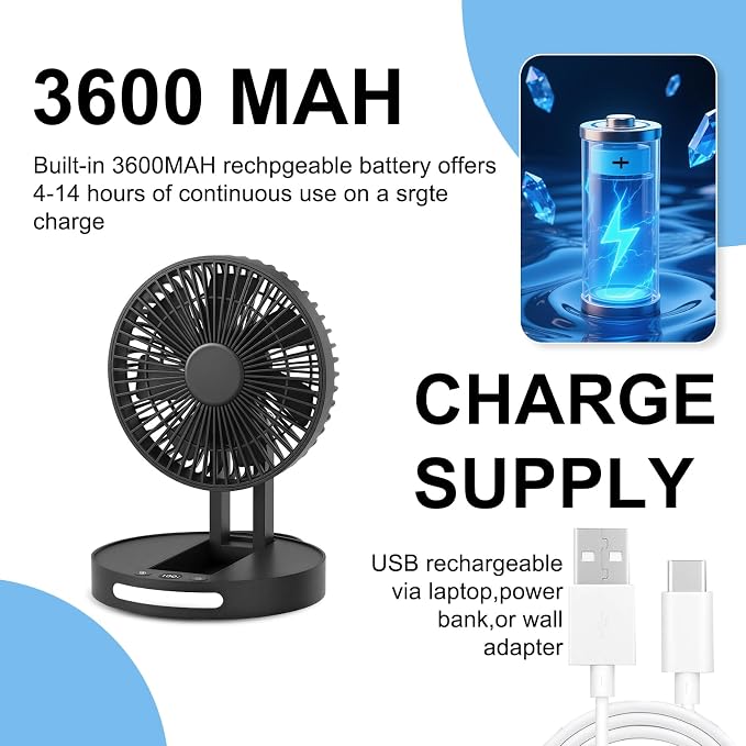 Qoqooice Portable Fan, 3600 mAh Rechargeable Battery Operated Fan - Image 5