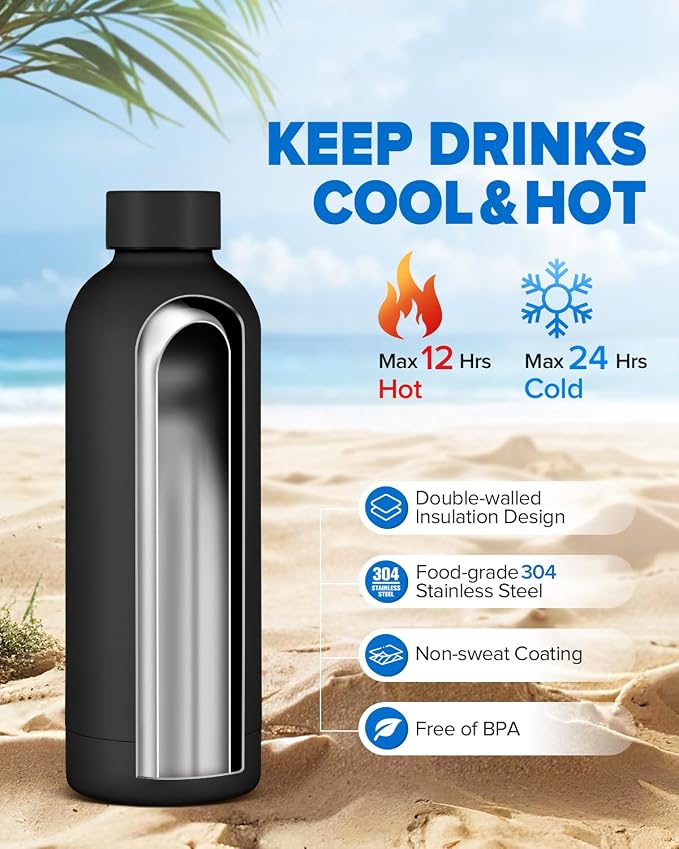 Insulated Water Bottle with Lid, 17 oz Reusable Leak-Proof Metal Stainless - Image 2