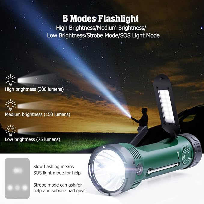 Emergency Radio with 5-Mode LED Flashlight, Solar Hand Crank NOAA Weather Radio - Image 5