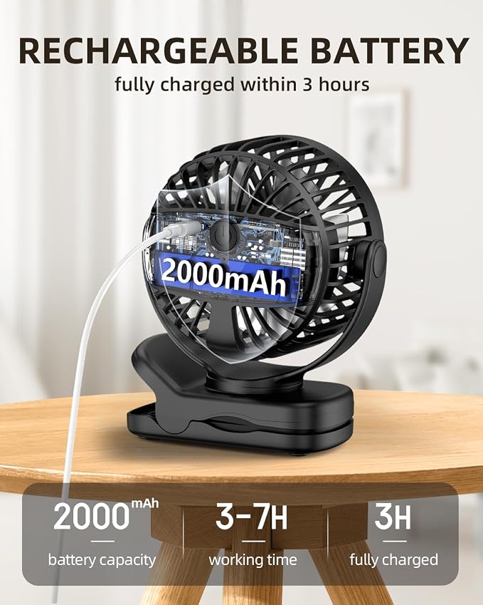 TUNISE Mini Clip on Fan, Battery Operated Desk Fan, Digital display，3 Speeds - Image 4