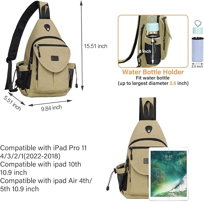 MOSISO Sling Backpack, Canvas Crossbody Hiking Daypack Bag - Image 2