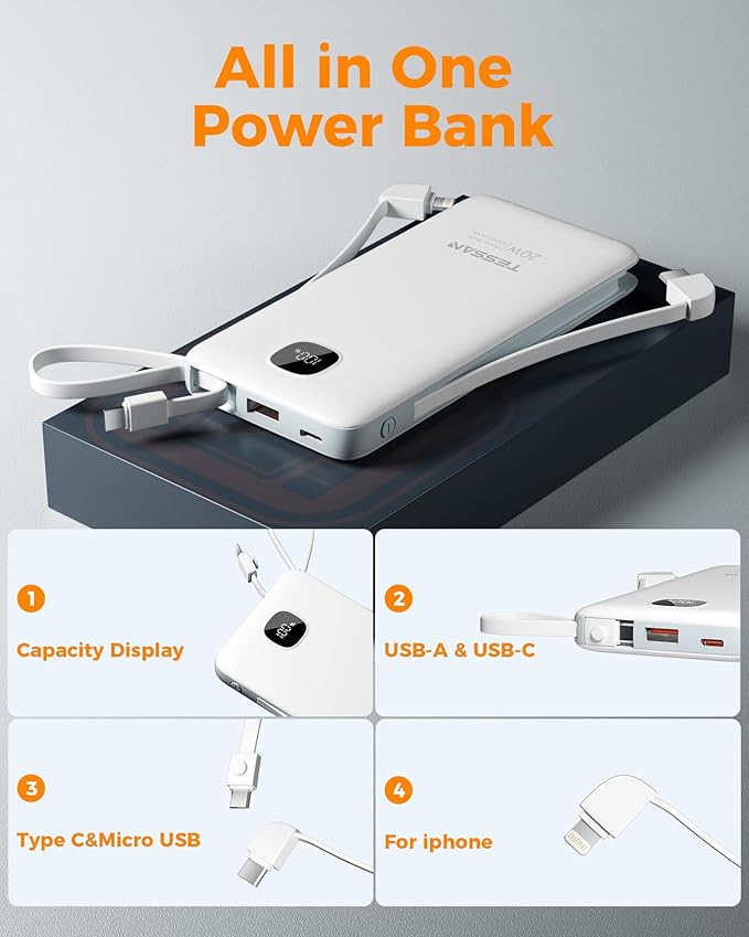 Portable Charger with Built in Cables, TESSAN 10000mAh Power Bank Fast Charging - Image 6