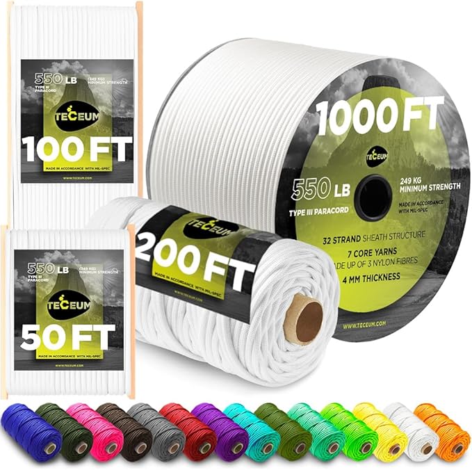 TECEUM 5/32" Paracord Rope 1000 – 1000ft / 200ft / 100ft / 50ft – Tactical by TECEUM
