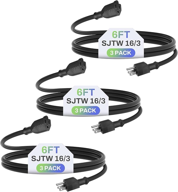 BN-LINK 6ft Indoor Outdoor Extension Cord 16/3 SJTW, 3 Pack, Weather Resistant by BN-LINK