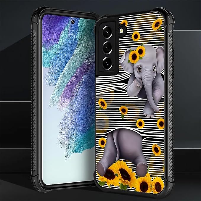 for Samsung Galaxy S21 Plus Case, Cute Little Elephant Sunflower White Line Art - Image 2