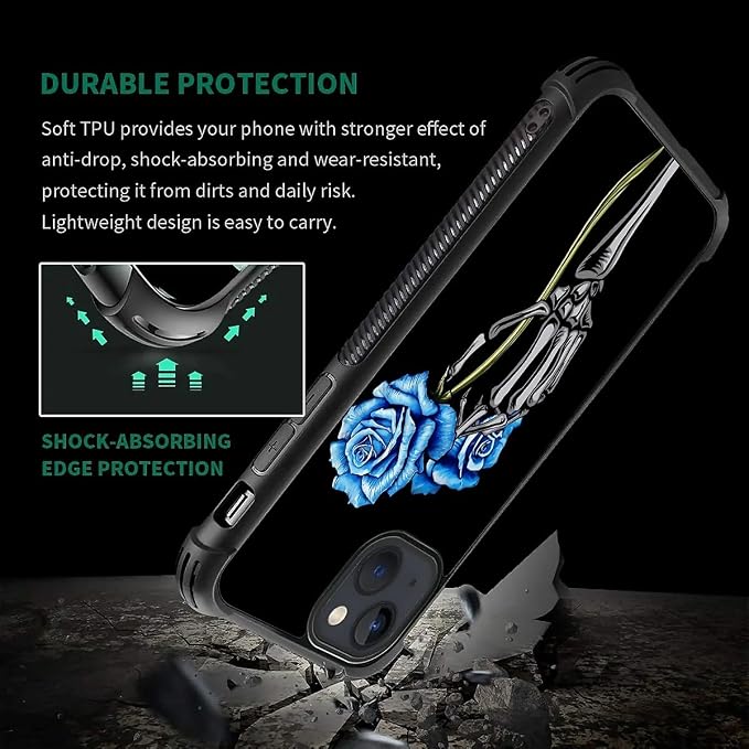 for iPhone 15 Case, Skeleton Holding Blue Rose Pattern Graphic Design Girl Boy - Image 7