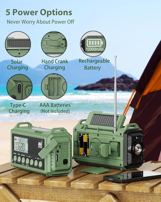 Emergency Weather Radio, Hand Crank 12000mAh Battery Powered Auto Alert NOAA - Image 5