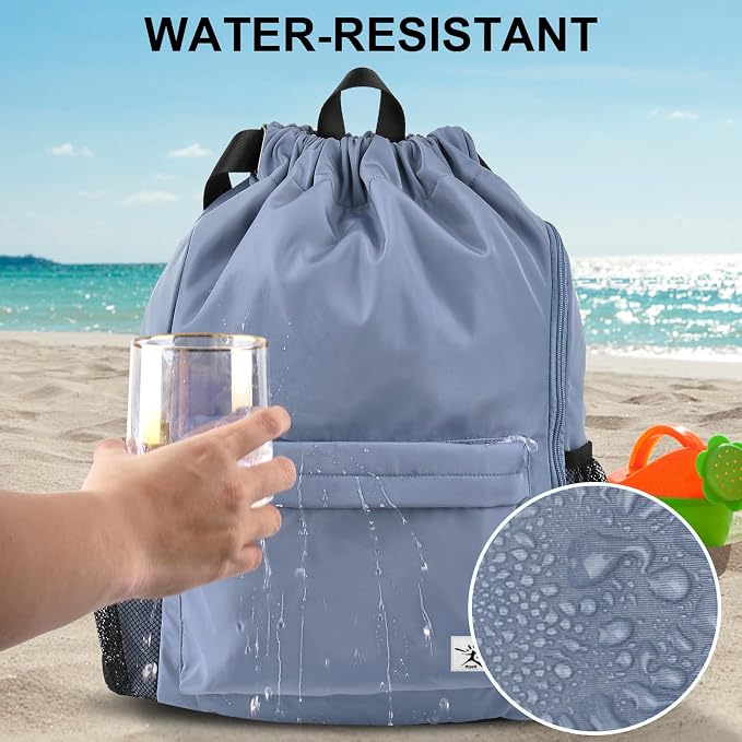 Drawstring Backpack with Mesh Pockets String Gym Bag Sackpack Sandproof Water - Image 3