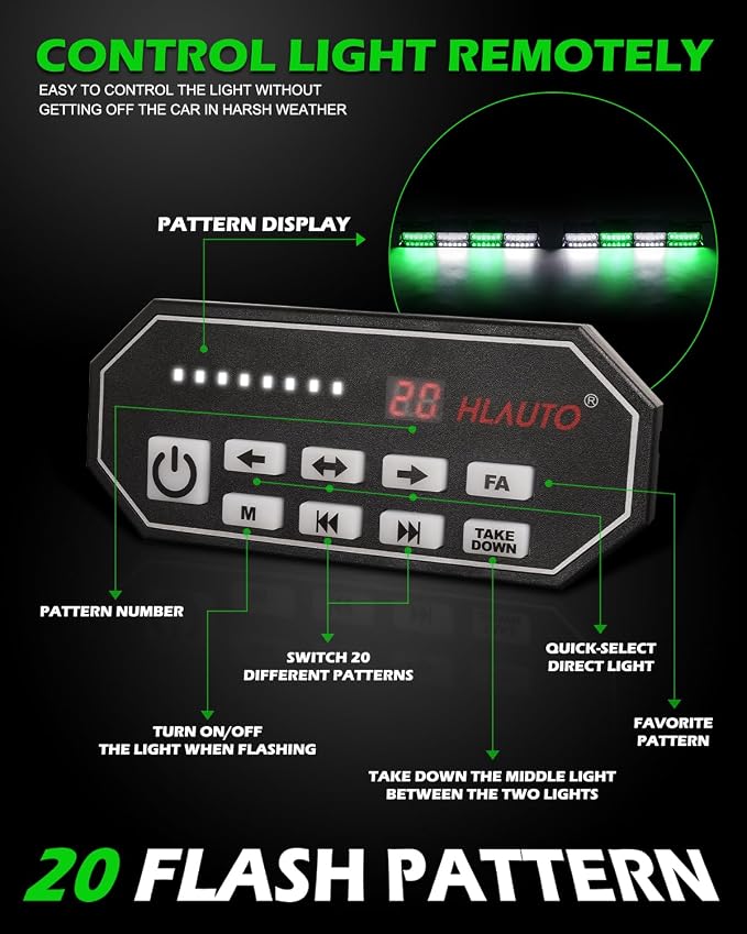 HLauto 604N Emergency Dash Strobe Lights: 2x16.8 inch Green White Security - Image 5