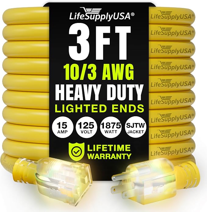 3ft Outdoor/Indoor Extension Cord 10/3 Gauge Ultra Heavy Duty 3 Prong SJTW by LifeSupplyUSA
