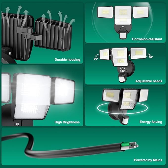 70W 7000LM Security Lights Outdoor, 4-Head LED Motion Sensor Flood Light - Image 6