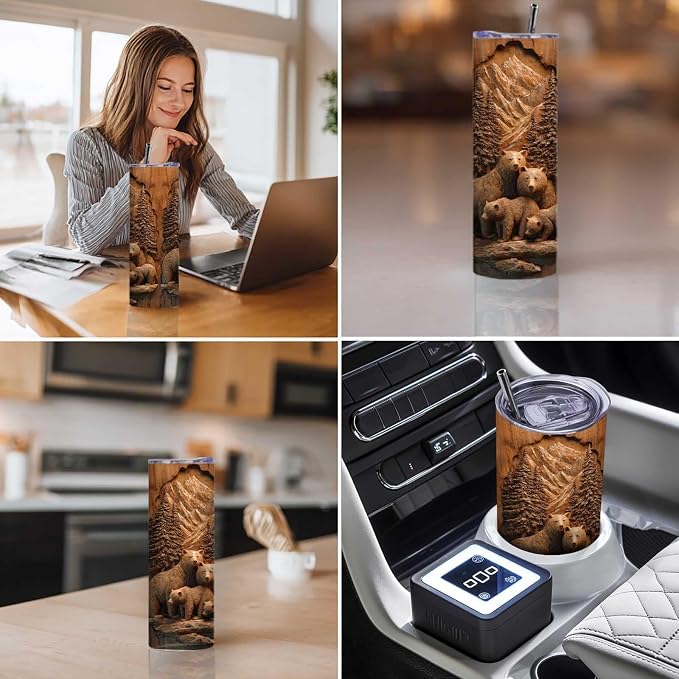 Firmiso 20 oz Tumbler｜Skinny Insulated Travel Mug｜Bear Family Mountain Forest - Image 3