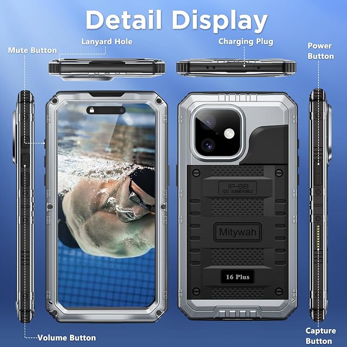 Mitywah Waterproof Case for iPhone 16 Plus, Shockproof Heavy Duty Case - Image 8